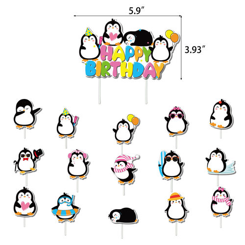 Penguin theme party decorations, penguin flags, cake inserts and balloon sets, children's birthday party supplies