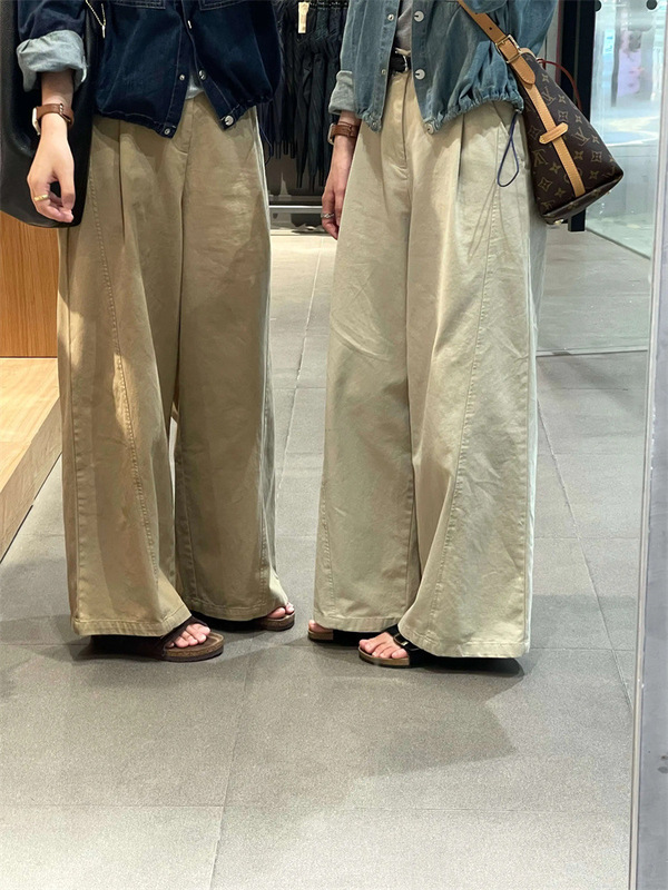 美式复古卡其色弯刀镰刀裤女春秋2025新款宽松显瘦阔腿裤拖地裤子|undefined