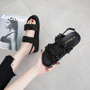 Beaded Sandals Women's Outfit 2023 Summer New Fashionable All-Match Thick Bottom Women's Flat Seaside Beach Sandals
