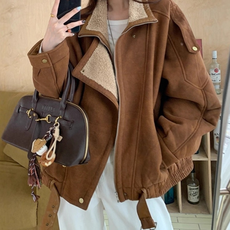 Autumn and Winter New Style Lapel Loose Cashmere Motorcycle Jacket Top Brown Fur One-Piece Jacket for Women