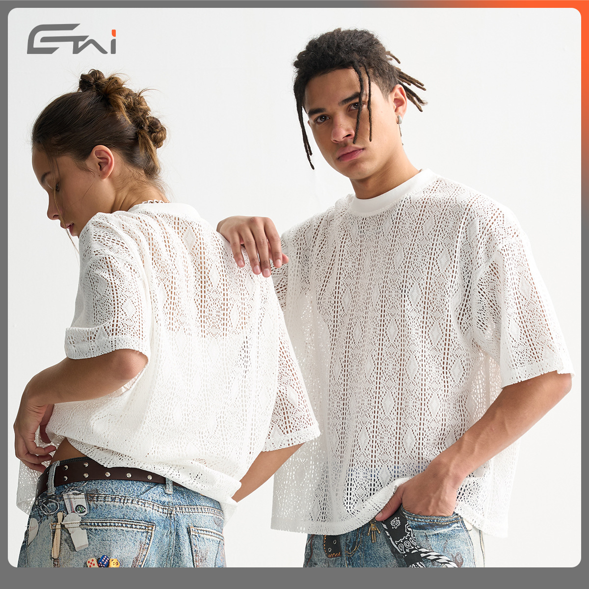 ETAI Hombre| Tendencia de nuevo hombre de encaje mallas de manga corta casual perspectiva hombre camiseta de cuello redondo