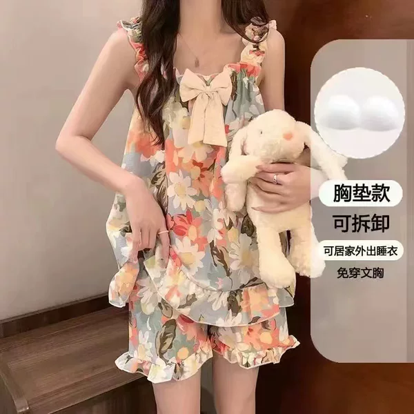 Summer Suspender Shorts with Breast Pads, Pajamas for Women, Loose Bow, Cute Little Flower Girl, Woven Bubble Cotton Suit