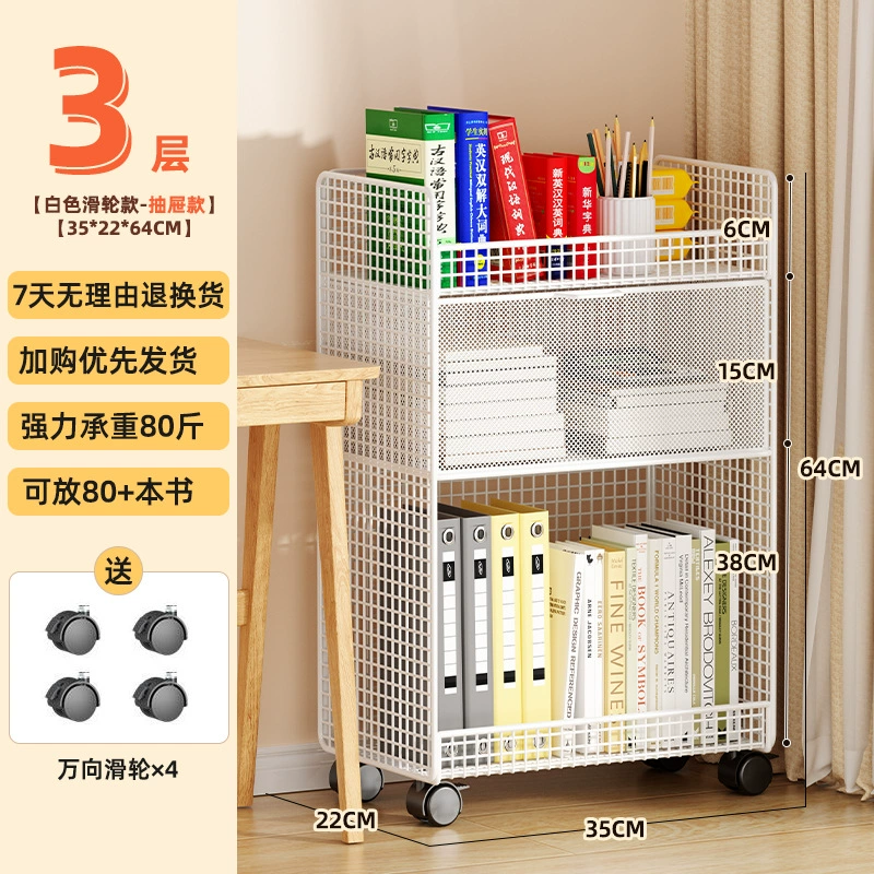 Small movable bookshelf, desktop-to-floor storage with wheels, multi-tier compact organizer