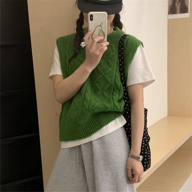 女性のためのハイエンドの麻模様のラウンドネックセーターベスト春の新しいルーズレイヤードニットベストトップアウター|undefined