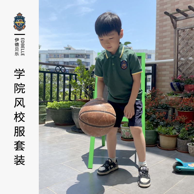 兒童綠色t恤短袖男童小學生夏裝校服翻領T夏季polo衫上衣現貨批發