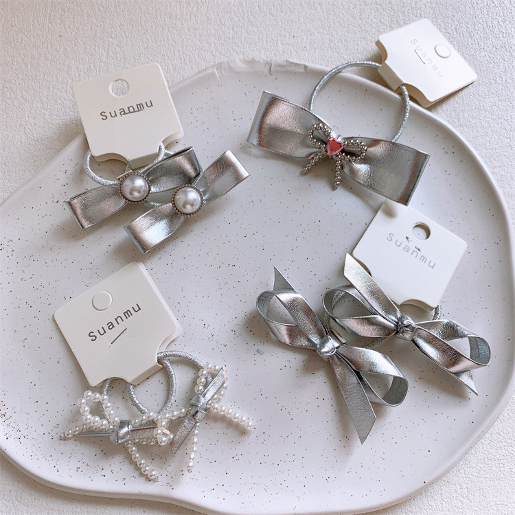 新款兒童銀色皮質珍珠蝴蝶結髮圈女童扎頭髮皮筋發繩對裝頭繩髮飾