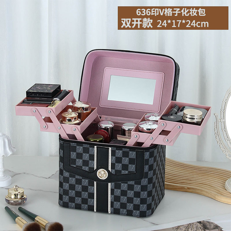 Caja de cosméticos a cuadros en forma de V transfronteriza, bolsa de almacenamiento para el cuidado de la piel portátil, caja de herramientas grande multifuncional portátil de alta gama para mujer