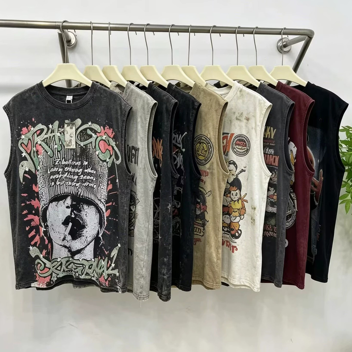 American trendy brand 2025 fashion vest men's sleeveless t-shirt summer tie-dye printed loose top
