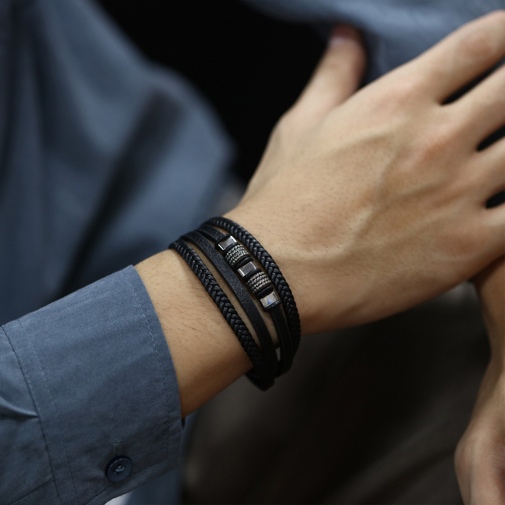 Men's Multi-layer Leather Bracelet Stainless Steel Magnetic Clasp_voghion.com