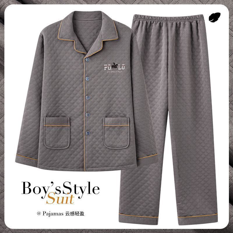 Pijamas para hombre otoño e invierno engrosamiento papá de mediana edad primavera y otoño traje de servicio a domicilio sándwich de algodón de aire de manga larga
