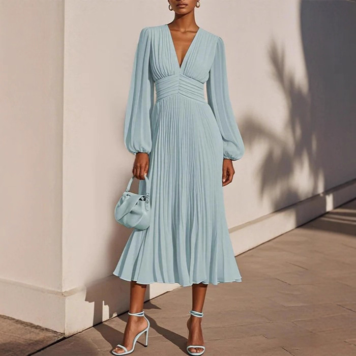 2025 European and American Cross-Border Amazon Independent Station Shein Elegant Light Dress Pleated V Neck Dress New Hot Style