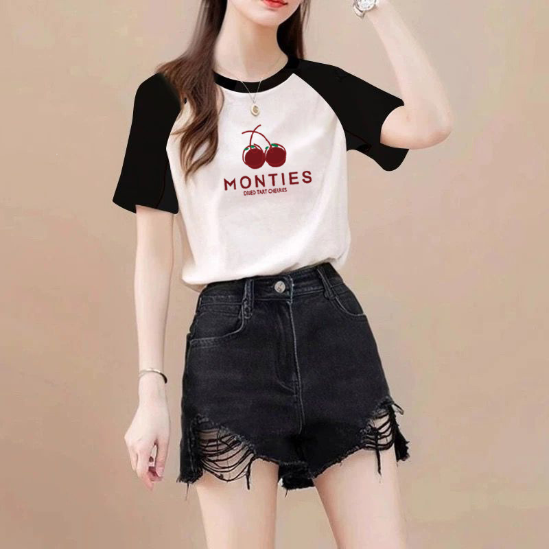 Pure Cotton Short-Sleeved T-Shirt for Women, Summer Korean Style Loose Design, Black and White Contrasting Raglan Sleeve Top, All-Cotton T-Shirt Ins