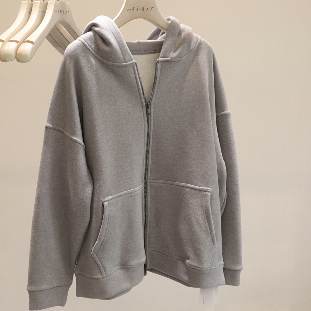 Good foundation! Glutinous Rice Velvet fleece-lined Hooded Sweater Women's American Style Casual Profile Large Zipper Cardigan Jacket