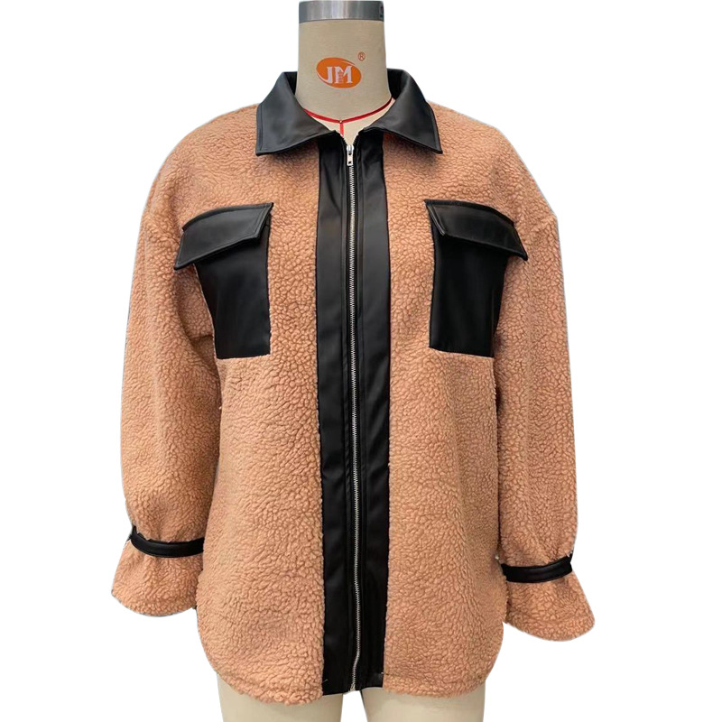 Women's coat cross-border leather lamb wool stitching autumn and winter warm long-sleeved coat jacket new_voghion.com