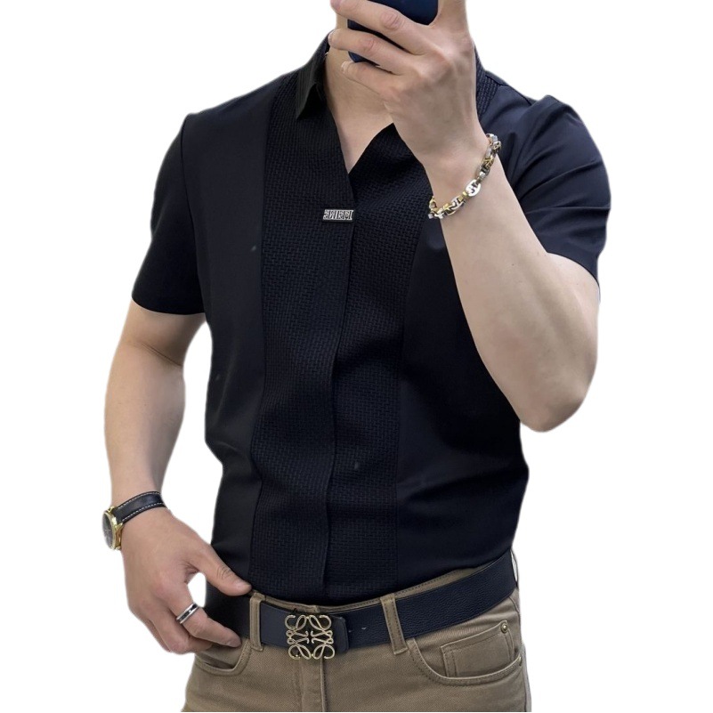 Verano nuevos hombres de alta calidad de lujo ligero de manga corta Camisa de negocios casual todo partido slim fit costura media manga camiseta