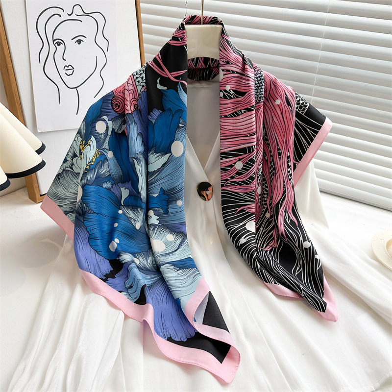 New koi peony print fashion scarf 90cm large square scarf twill silk scarf temperament versatile sun protection shawl_voghion.com