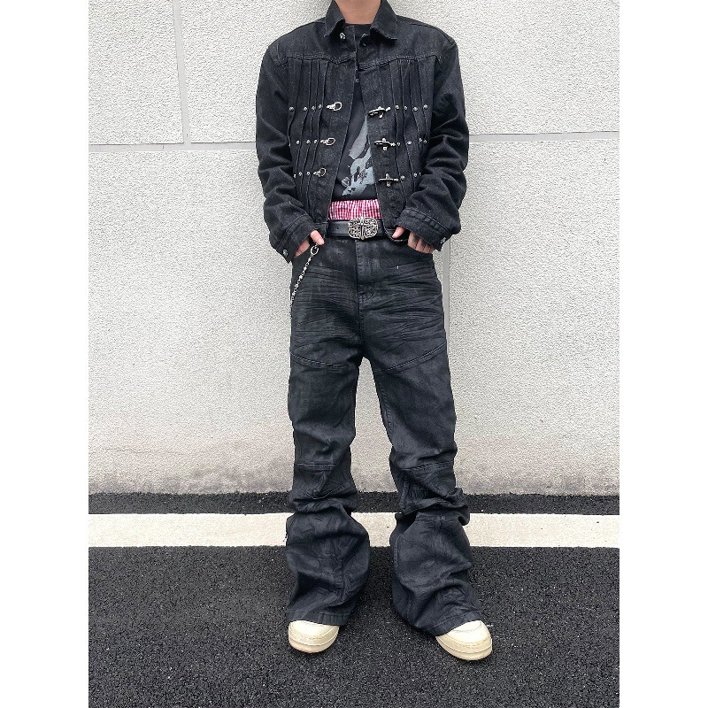 2025 Dark Niche Pioneer Hand-Brushed Wax Coating American Street Distressed Micro-Flared Jeans for Men