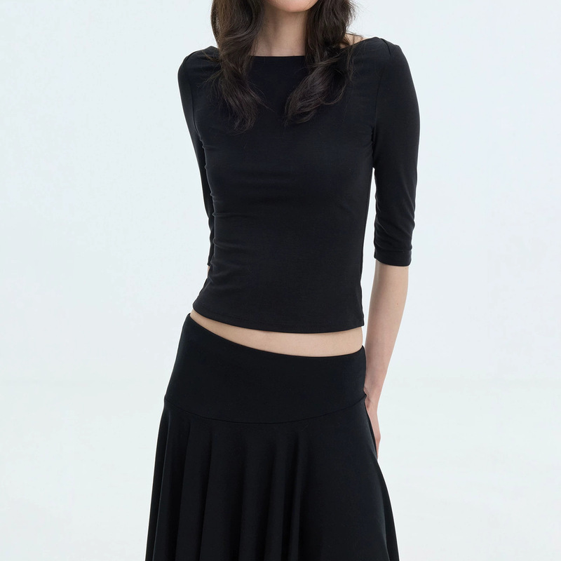 In-stock Lyocell Wool Boat Neck Slim Fit Half-Sleeve T-Shirt with a Stylish European and American One-Shoulder Design, Skin-Friendly Mid-Sleeve Top for Women In-stock Lyocell Wool Boat Neck Slim Fit Half-Sleeve T-Shirt with a Stylish European and American One-Shoulder Design, Skin-Friendly Mid-Sleeve Top for Women