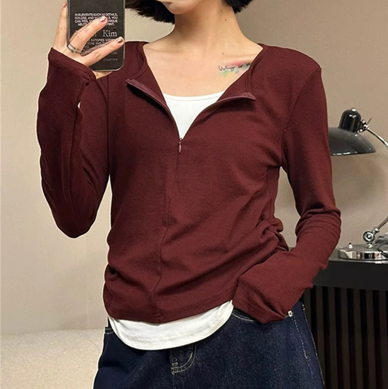T恤女早秋收腰短款显瘦打底衫内搭上衣韩系小众正肩假两件V领长袖|undefined