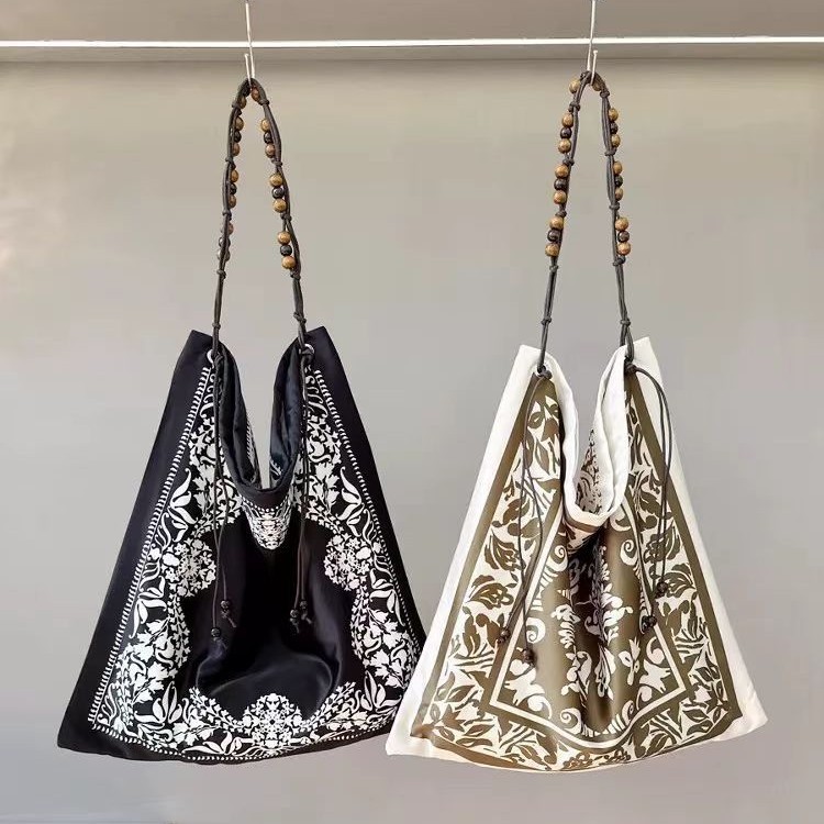 French Scarf Double-Sided Art Printed Tote Bag Large Capacity General Bag Beaded Shoulder Bag Underarm Bag Handbag for Women