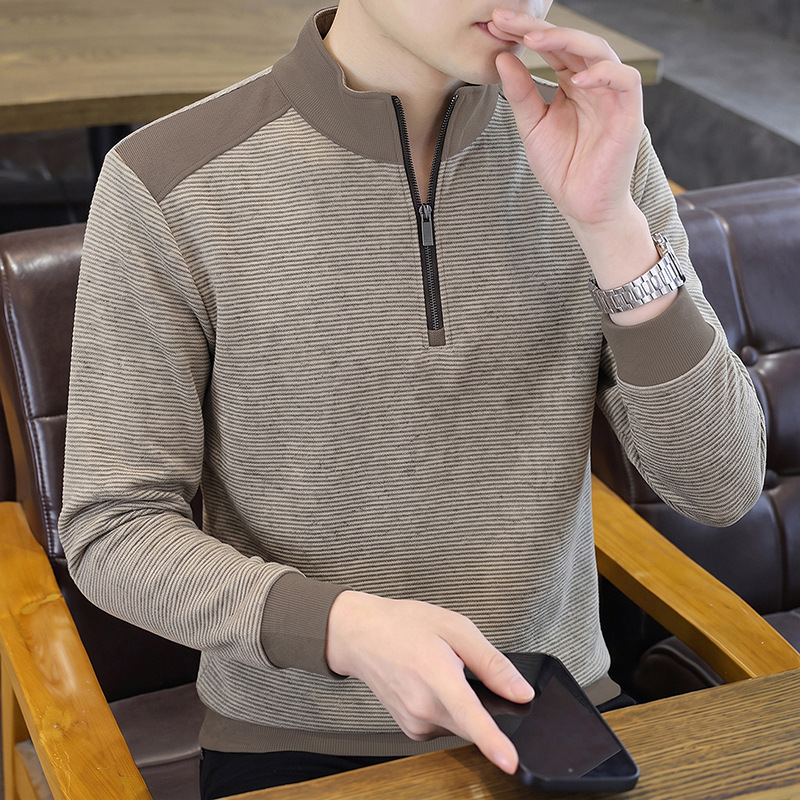 Autumn new collection: men's Korean-style trendy casual striped long-sleeved shirt with a stand-up collar, made from warm fleece fabric