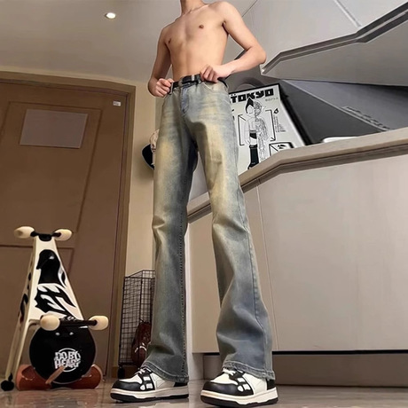 复古蓝高腰牛仔裤男款秋季美式高街vibe裤子高个子修身直筒微喇裤
