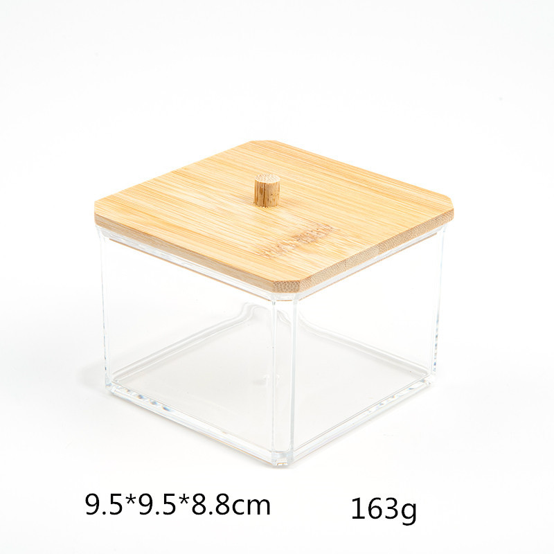 Caja de almacenamiento de hisopo de algodón acrílico Caja de almacenamiento de cristal de algodón cosmético de estilo europeo cubierta de madera transparente caja de organización de hisopo de algodón de escritorio