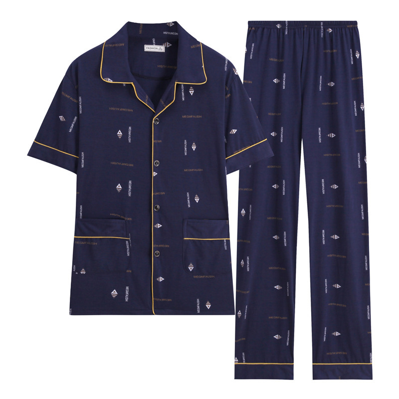 100% pijamas de algodón de manga larga de los hombres sueltos más tamaño aguja pequeño collar inverso joven y de mediana edad de primavera y otoño ropa de casa manga corta tejida
