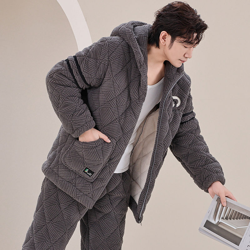 Men's Pajamas Winter Coral Velvet Three-Layer Quilted Thickeneded Fleece-Lined Autumn and Winter Warm Flannel Home Wear Set