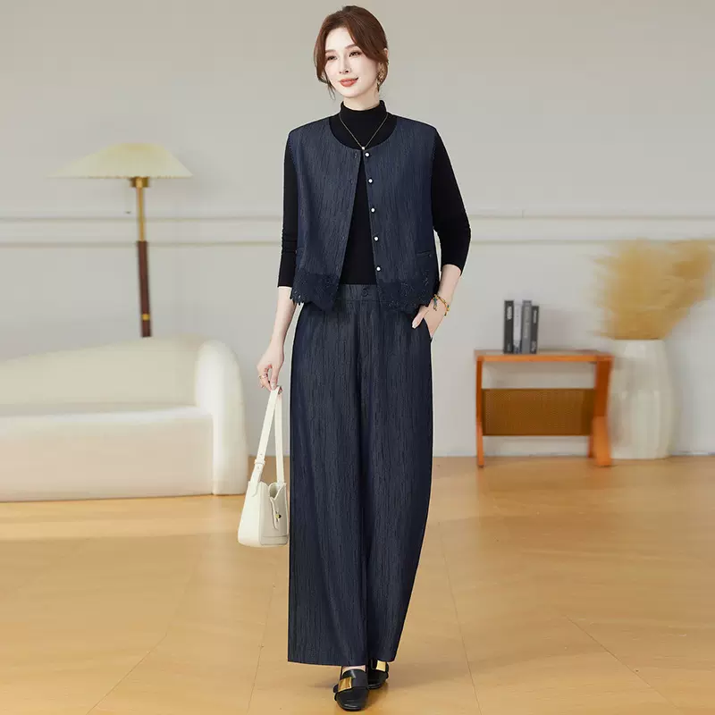 中年妈妈装秋款时尚套装中老年人女装短款马甲外套阔腿裤两件套装