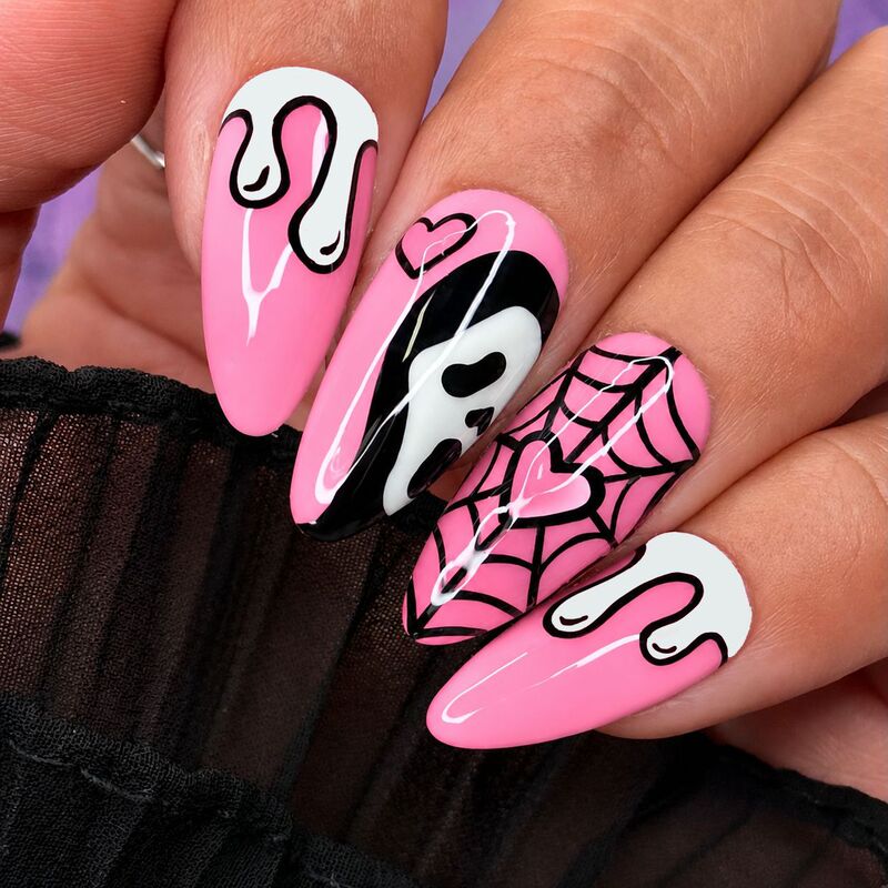 WM-463 Pink and White Spider Web Almond Nail Tips Halloween Cartoon Spider Web Ghost Face 24-Piece Wearable Nail Tips Wholesale WM-463 Pink and White Spider Web Almond Nail Tips Halloween Cartoon Spider Web Ghost Face 24-Piece Wearable Nail Tips Wholesale