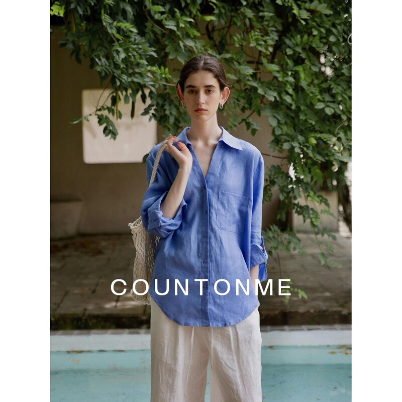 Countonm Comfortable V-Neck 100% Linen Shirt Loose Sun Protection Long-Sleeved Shirt