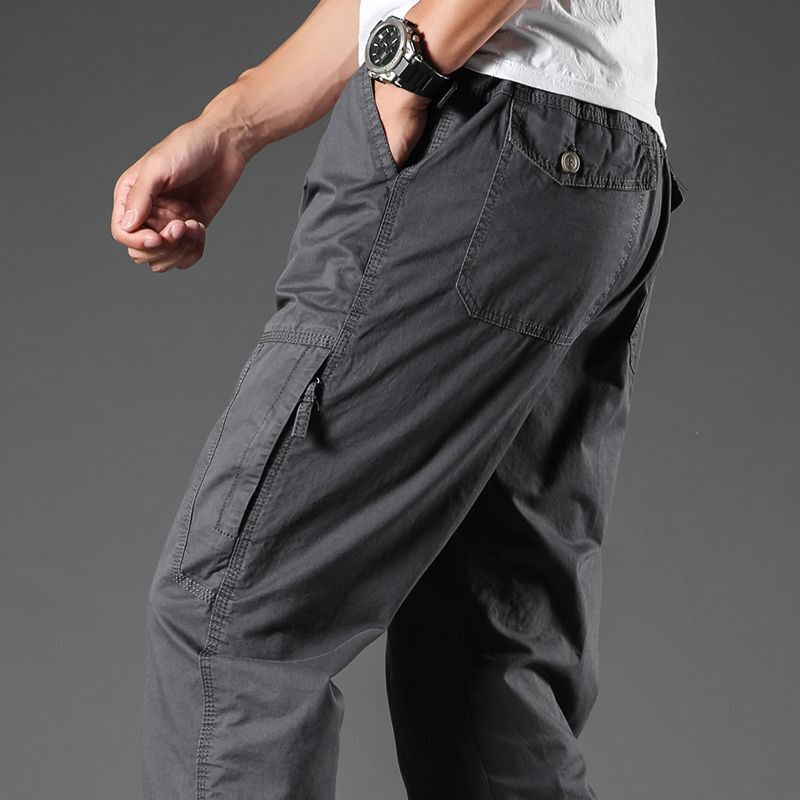 Summer Washed Cotton Casual Pants for Men, Loose Straight-Leg Pants, Pure Cotton Multi-Pocket Work Pants, Thin Autumn Style, Large Size Long Pants