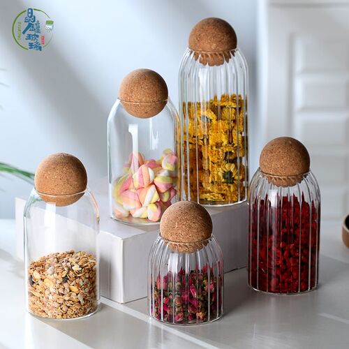 Round ball cork coffee bean set box vertical pattern high borosilicate glass storage jar tea dried fruit storage bottle wholesale