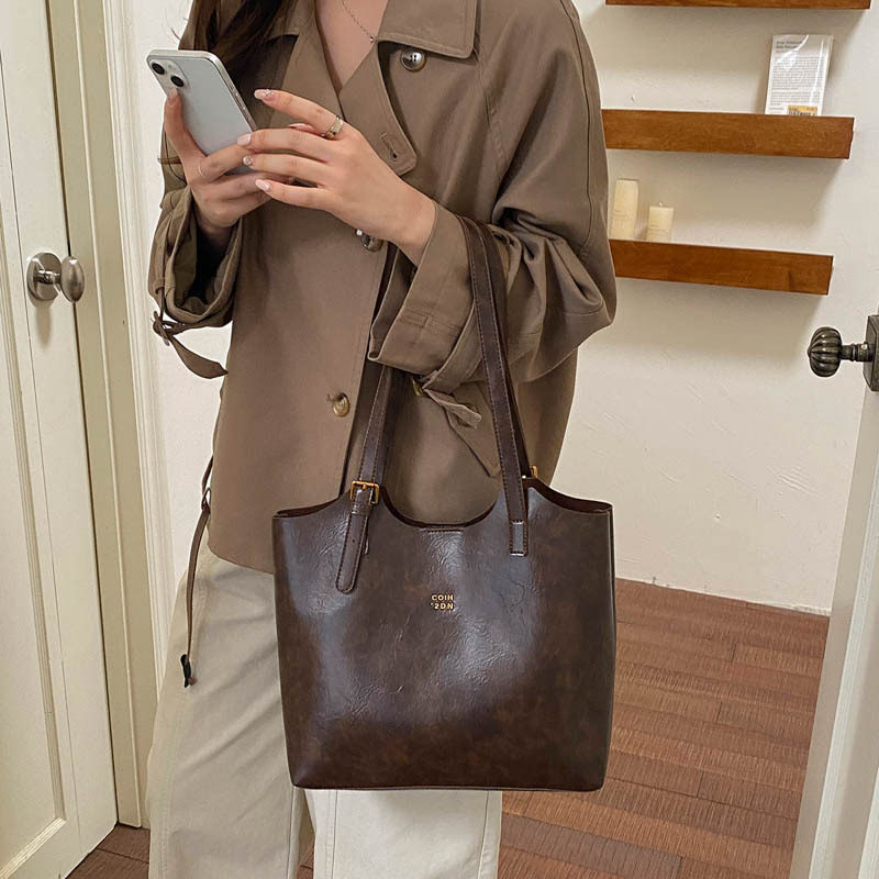 Túi tote nữ cỡ lớn phong cách retro, đựng nhiều đồ, có quai đeo vai và kẹp nách — Màu cà phê PU, PU đen, màu cà phê, đen chi tiết 19