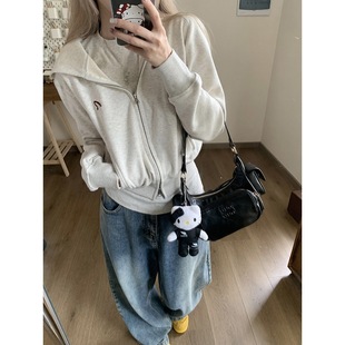 2023 double-headed zipper American retro hooded short sweater autumn long sleeve coat