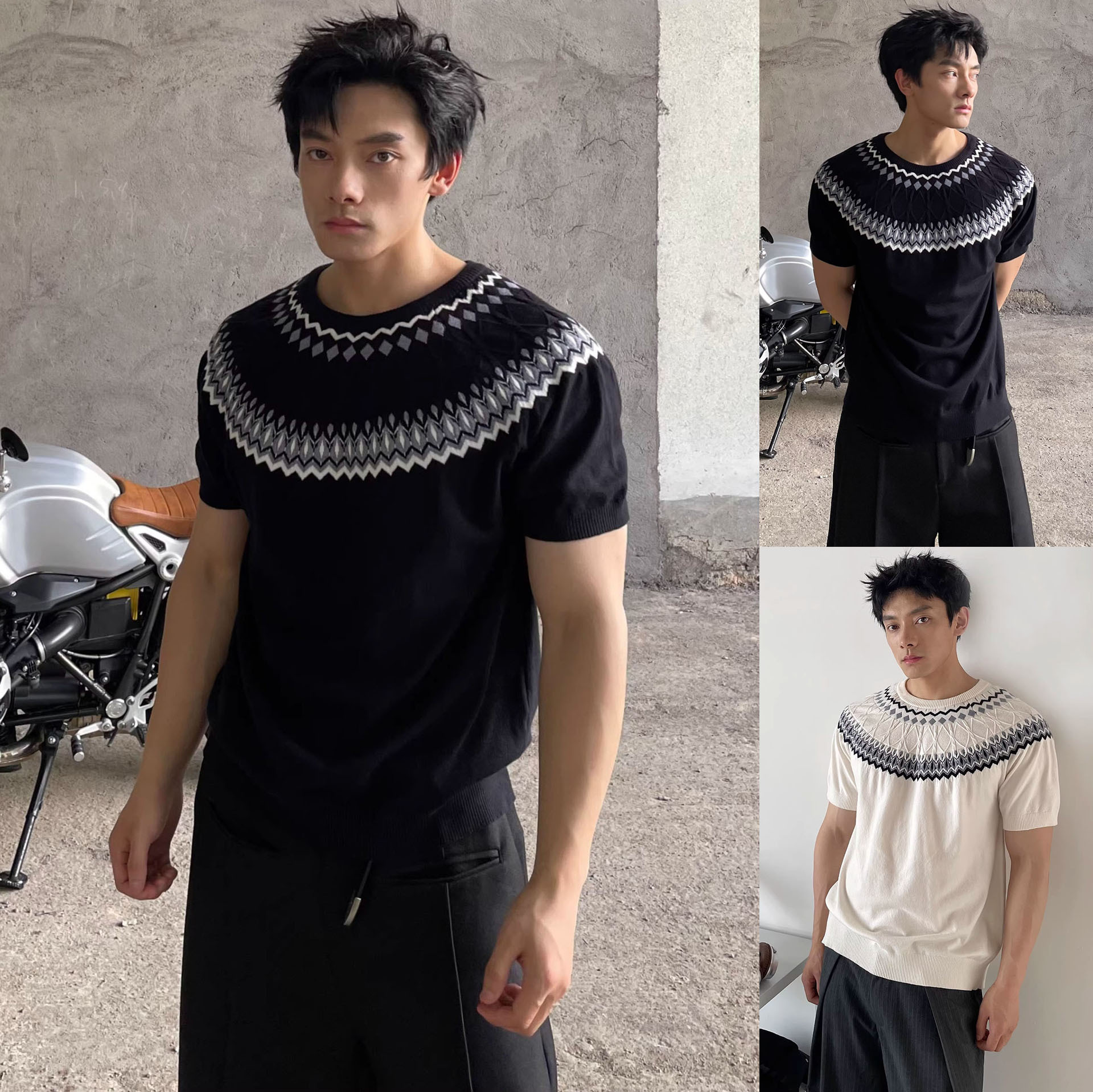 Isla de Fair camiseta de punto de manga corta camiseta de cuello redondo jacquard hombre viejo estilo casual hielo de verano fábrica transfronteriza mayorista