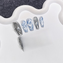 手工穿戴甲冷淡風白色暈染美甲貼片魔鏡粉鏈條穿戴式指甲貼批發