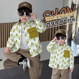 2025春秋款男童全棉印花衬衫中小童百搭时尚字母衬衣宝宝长袖上衣