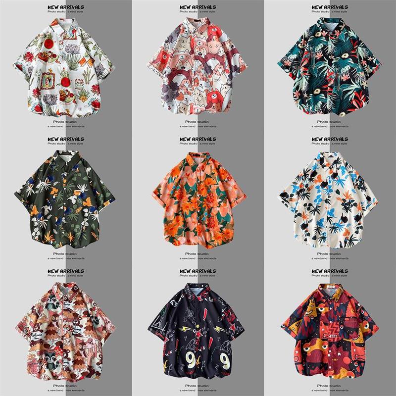 Pendant Shirt Men's American-style Hawaiian Beach Plutton Handsome Retro Hong Kong Flavor vintage Antique Floral Shirt Couple's Trendy