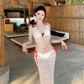 吊带性感辣妹海边度假风挂脖镂空比基尼四件套泳装显瘦泳装泳衣女
