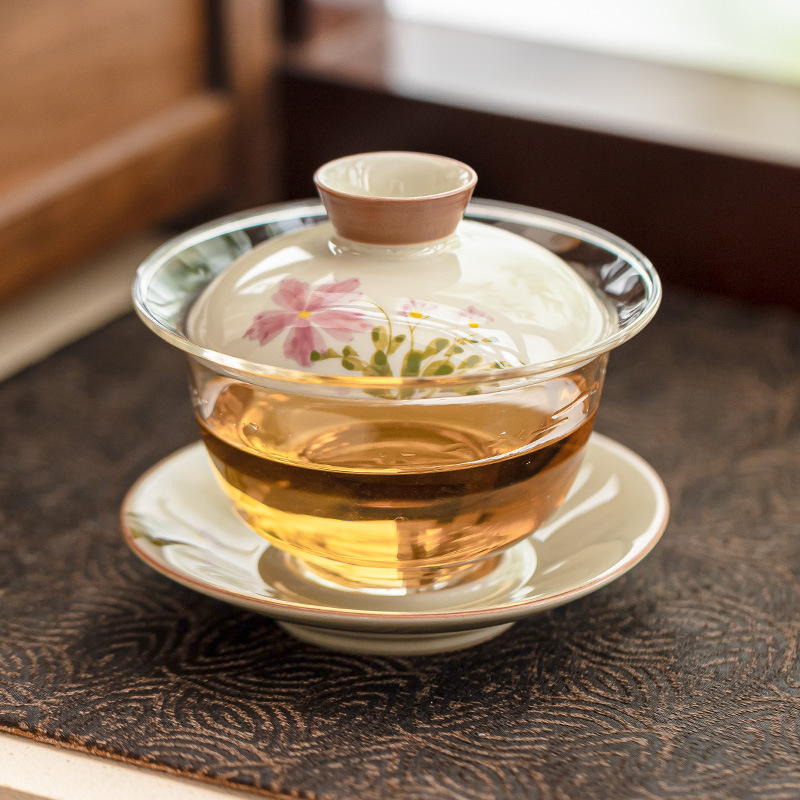 手绘小雏菊玻璃三才盖碗茶杯大号不烫手陶瓷功夫茶具单个茶碗带盖