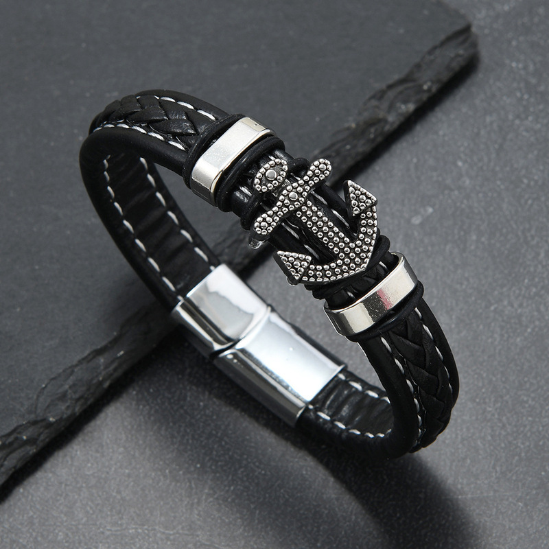 Cross-Border Hot-Selling Bracelets, Men's Bracelets, Cross-Border Fashion Alloy Anchor Bracelets, Cowhide Braided Stitched Leather Bracelets