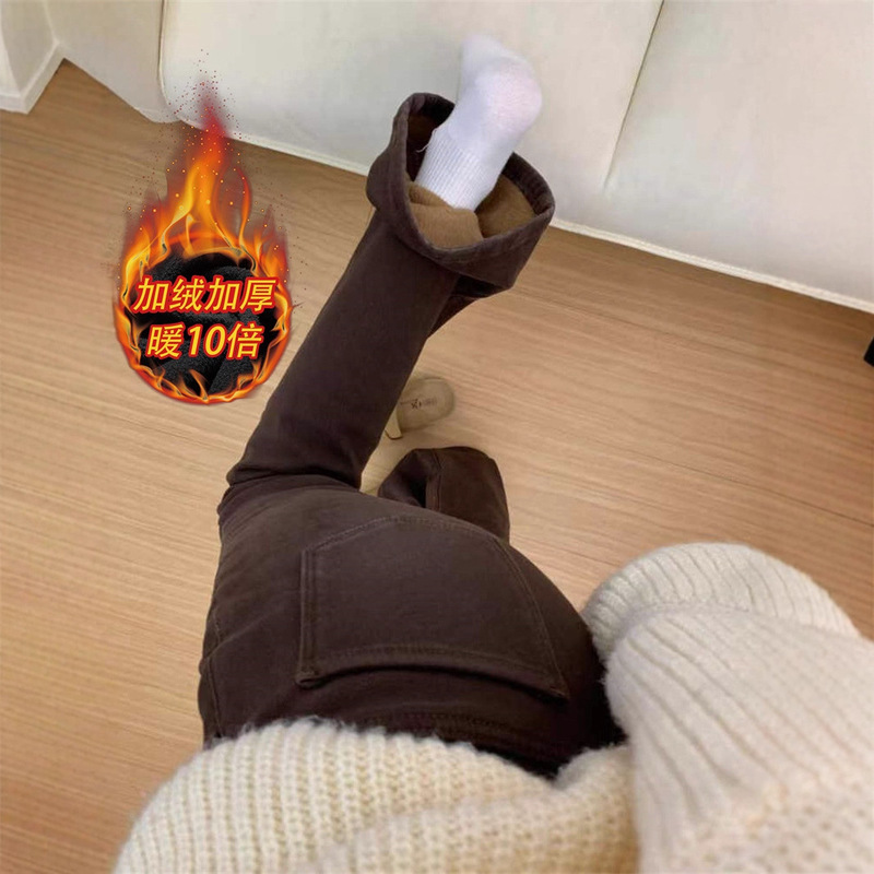 Fleece-Lined Thick American-Style Coffee-Colored Flared Jeans for Women, Winter Plus-Size High-Waisted Hip-Covering Stretchy Bootcut Pants Fleece-Lined Thick American-Style Coffee-Colored Flared Jeans for Women, Winter Plus-Size High-Waisted Hip-Covering Stretchy Bootcut Pants