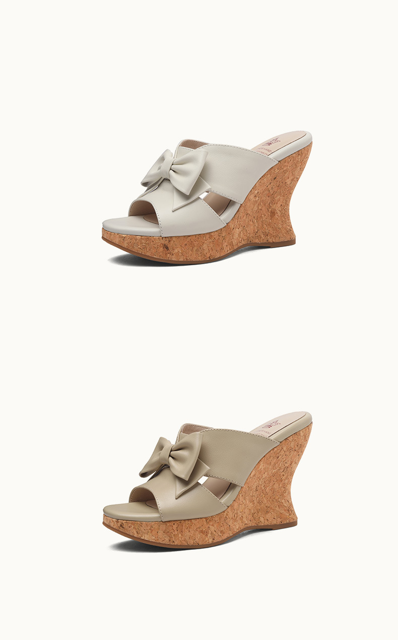 Sandal cao gót nữ hở mũi phong cách cổ điển nơ bướm đế xuồng — màu trắng ngà, màu mơ chi tiết 9