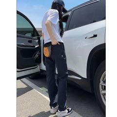 夏の新しい日本ニュートラルスタイルのレトロなクールなテーパードワークパンツ、男性と女性用、軽くて通気性のあるカジュアルパンツ