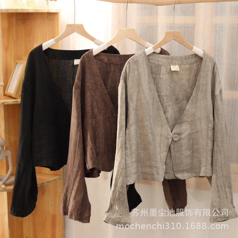 Spring Vintage Artistic Single-Button Women's Cardigan Solid Color Linen Trim Tie-Dye Women's Linen Shirt