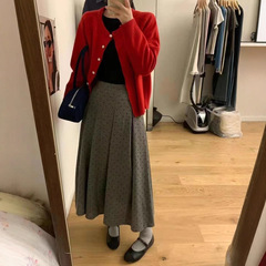 韩系波点百褶半身裙女2025年秋冬新款显瘦中长款高腰a字伞裙子潮
