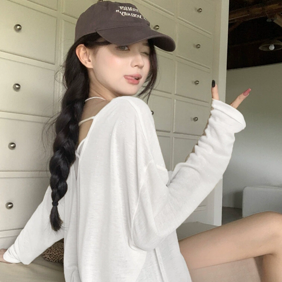 Красивая блузка-футболка с длинными рукавами и защитой от солнца из тюля для женщин, новинка лета 2025, тонкий свободный топ средней длины для ленивых.