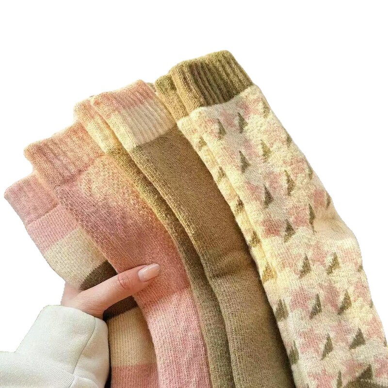 秋冬款加绒厚袜子女中筒袜潮款毛圈花纹纯色长袜冬天加厚保暖高筒|undefined